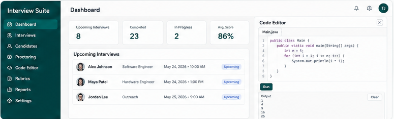 Mock dashboard for the interview and proctoring suite.