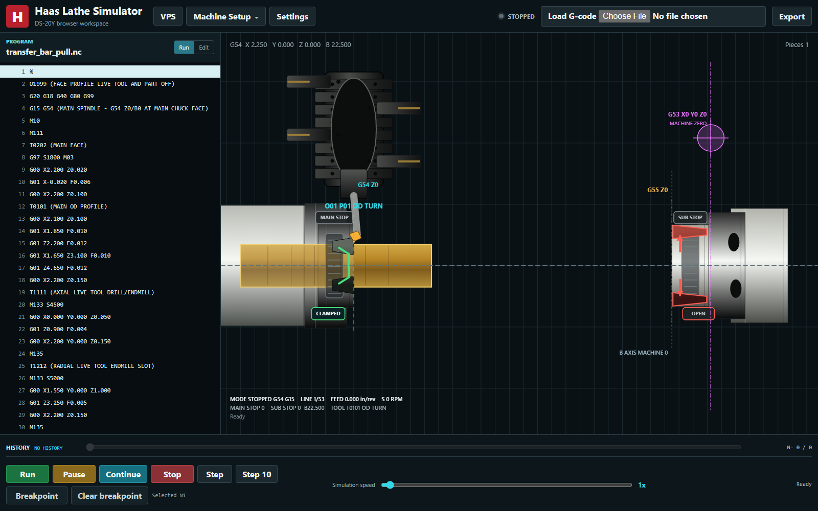 Haas Lathe Simulator showing G-code, a BMT65 turret, stock, and dual spindles.